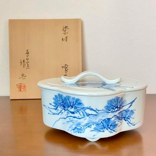 茶道具　染付　食籠　菓子器　すずか焼　青宝窯　靖典　共箱　萬古焼　陶芸　蓋物 茶道具 染付 食籠 菓子器 すずか焼 青宝窯 靖典 共箱 萬古焼